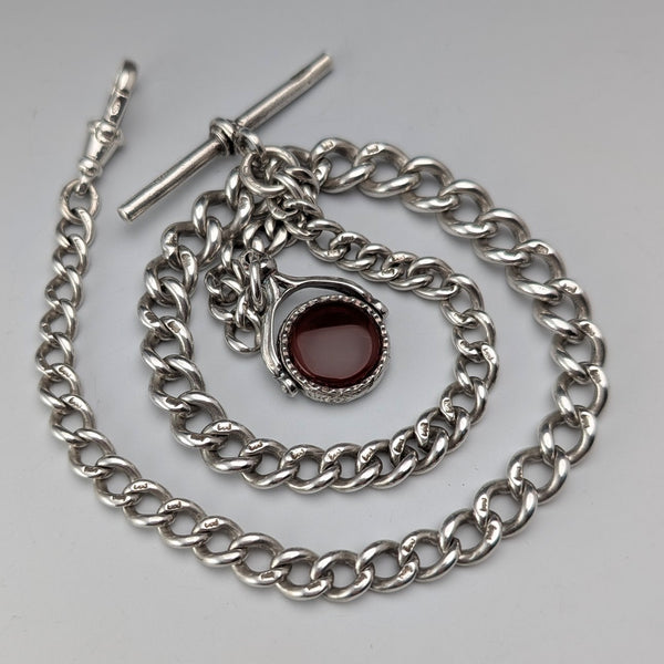 Circa 1914 British antique sterling silver Albert chain, 38g, sterling silver base, two-tone rotating fob